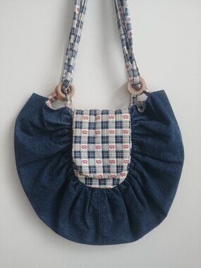 Handmade reversible pig pattern blue jean denim bag purse